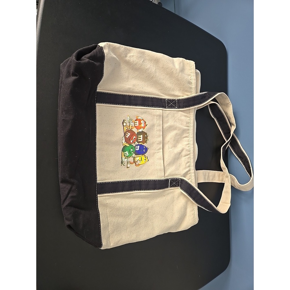 Peanut M&M's Vtg White Black Canvas 20" x 15" Tote Bag Sak Purse Zipper RARE